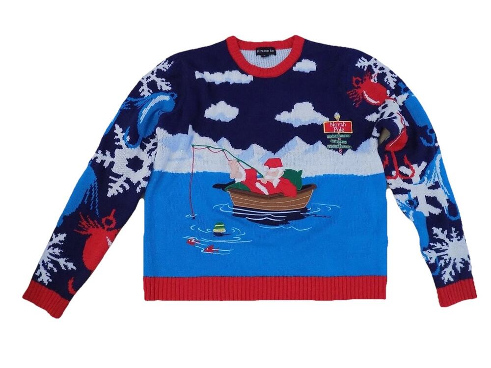 Blizzard Bay Santa Fishing Boat Ugly Christmas Sweater mens size Large